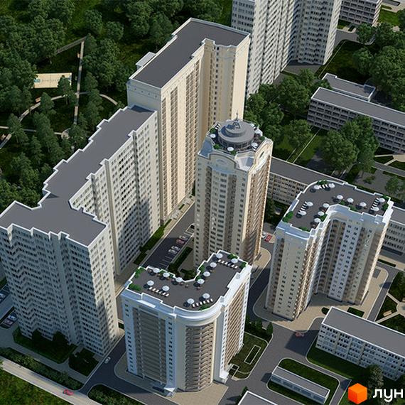 Житловий комплекс Сосновий бір з висоти пташиного польоту. На території зелена зона та паркувальні місця.