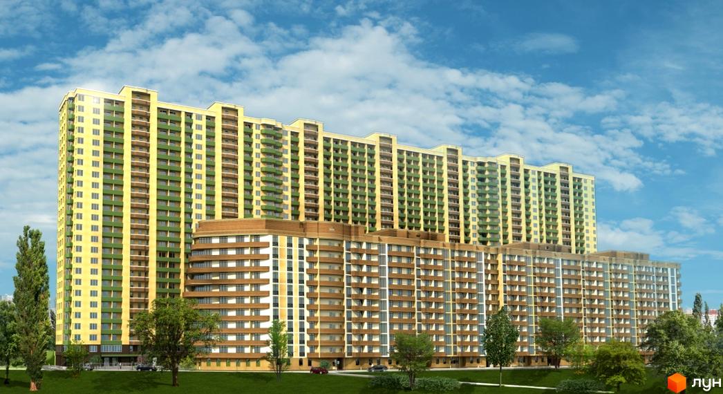Житловий комплекс Флагман з висотними будинками та прибудинковою територією з зеленими насадженнями.