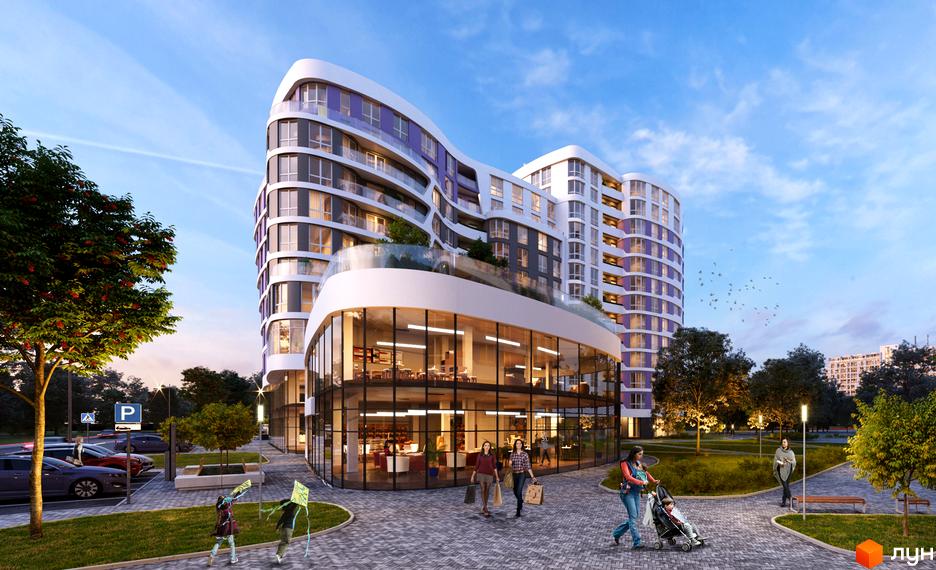 Зображення Житлового комплексу Парус Smart: багатоповерхова будівля з панорамними вікнами та прилегла територія з пішохідною зоною.