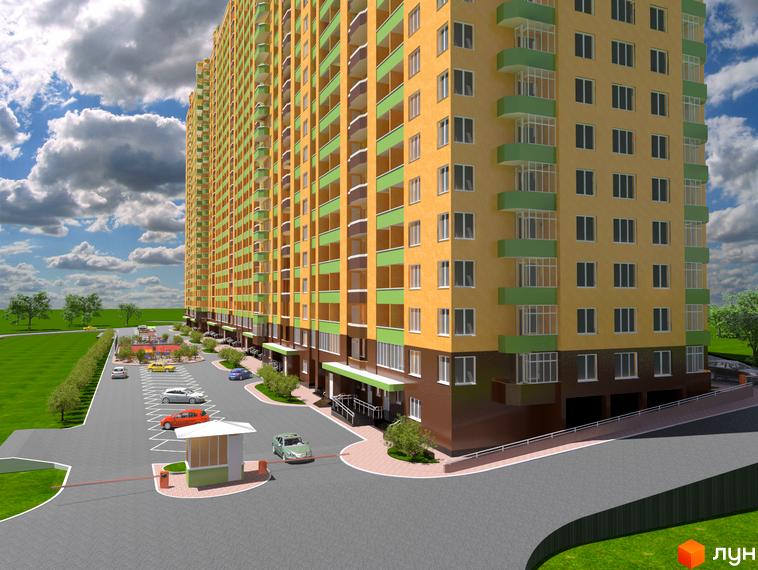 Житловий комплекс Флагман: багатоповерховий будинок жовтого кольору із зеленими балконами. Прибудинкова територія з парковкою та зеленими насадженнями.