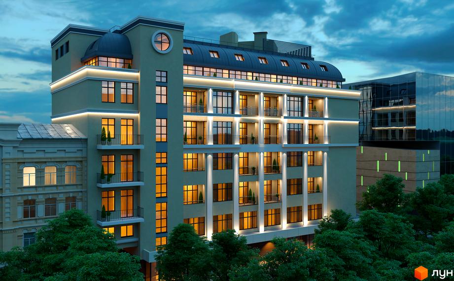 Висотна будівля Клубний будинок Leonardo town з панорамними вікнами та балконами. Навколо будівлі зелені дерева, що створюють затишну атмосферу.