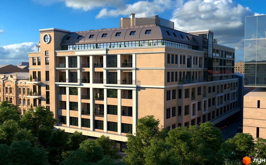 Клубний будинок Leonardo town. Багатоповерховий будинок з балконами та панорамними вікнами. Навколо будинку зелені дерева.