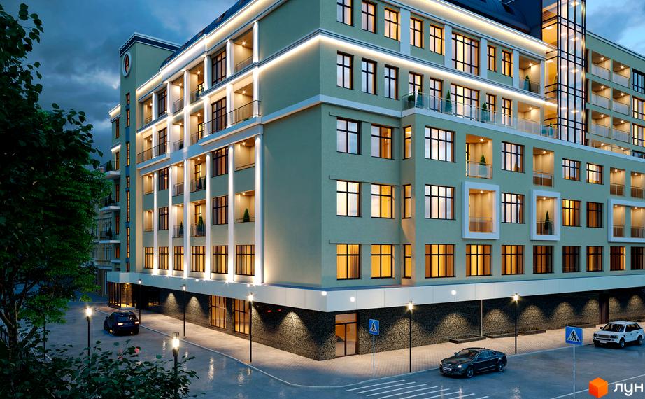 Зображення фасаду будівлі Клубний будинок Leonardo town. На передньому плані видно дорогу, припарковані автомобілі та ліхтарі.