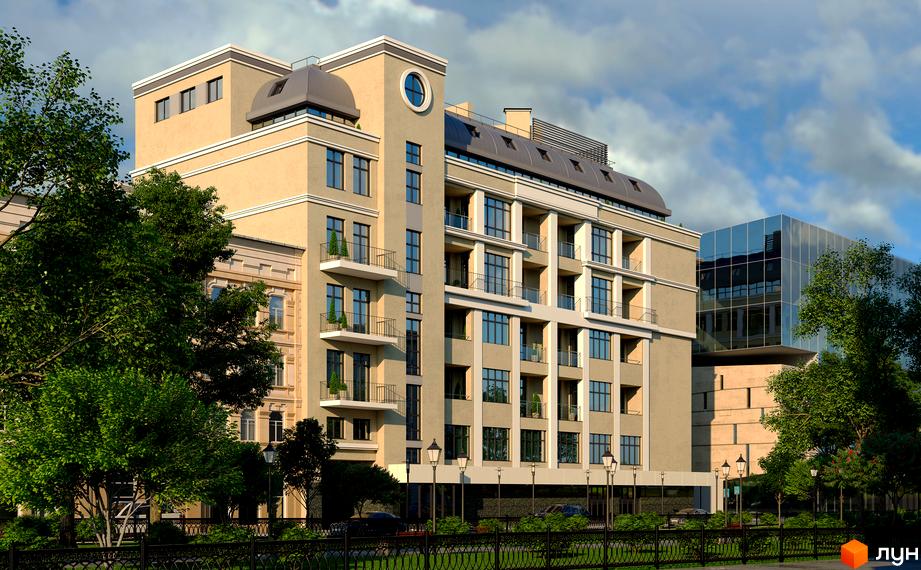 Житловий комплекс Leonardo town з архітектурою у класичному стилі. На фото видно фасад будинку з балконами, вікнами та прибудинкову територію з озелененням.