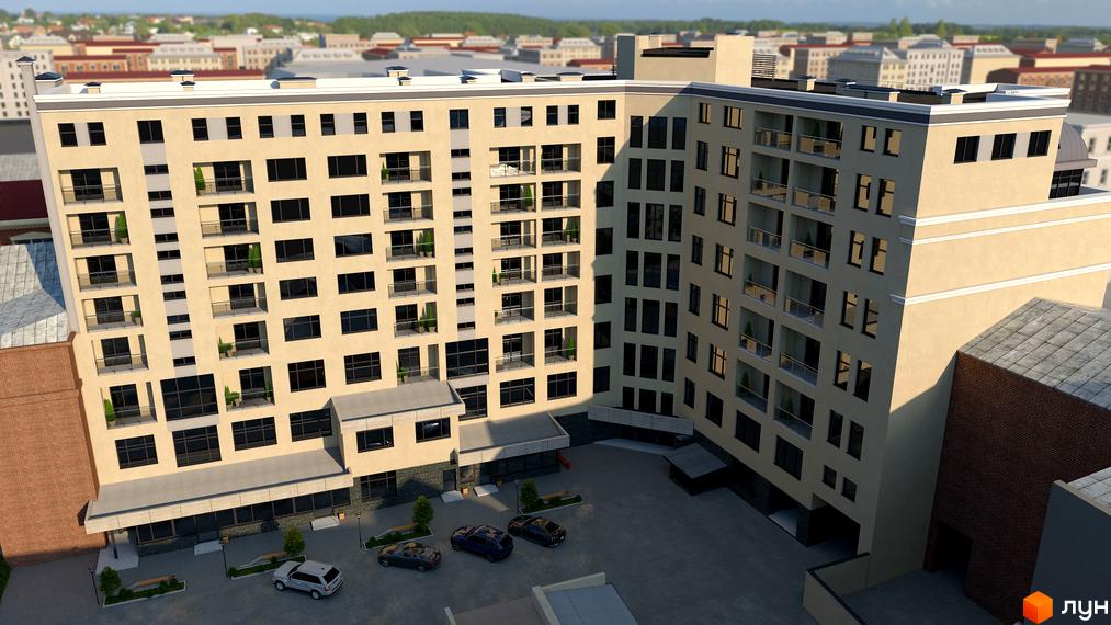 Зображення фасаду будівлі житлового комплексу Leonardo town. На території комплексу розташовані паркомісця та озеленення.