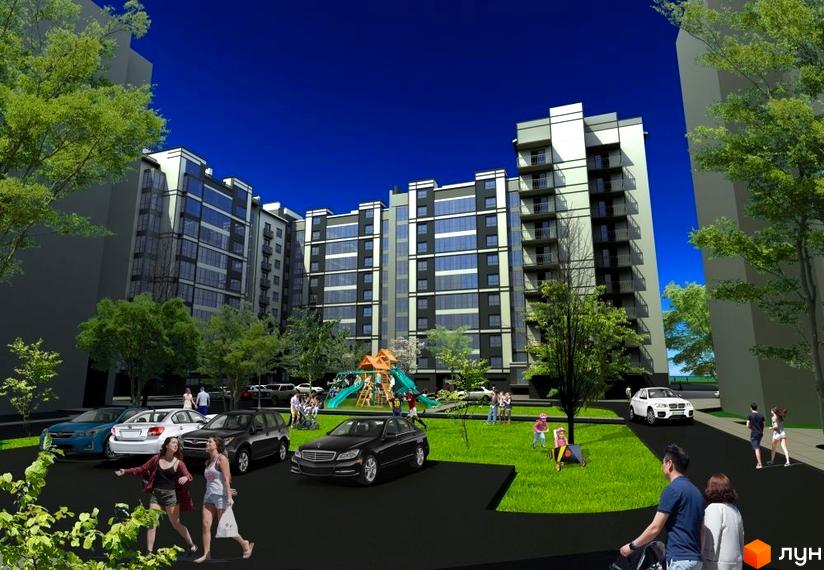 Багатоповерхові будинки Житлового комплексу Квартал Патріот з світлими та темними фасадами. На прибудинковій території зелені насадження, дитячий майданчик та парковка.