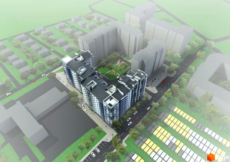 Вид на ЖК Квартал Патріот з висоти пташиного польоту. Багатоповерхові будинки з темними дахами, поруч зелені насадження, парковка та дорога.