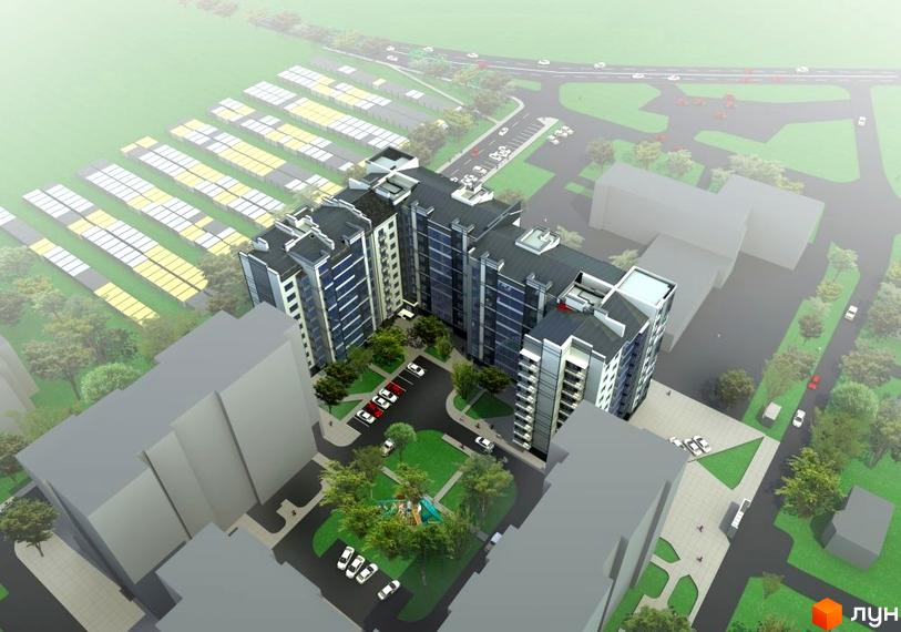 Житловий комплекс Квартал Патріот: аерофото багатоповерхових будинків з темними дахами та світлими фасадами, прибудинкова територія з дитячим майданчиком та парковками.