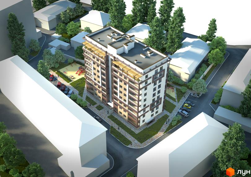 Зовнішній вигляд новобудови ЖК Мирний з багатоповерховим будинком та прибудинковою територією з дитячим майданчиком та парковкою.