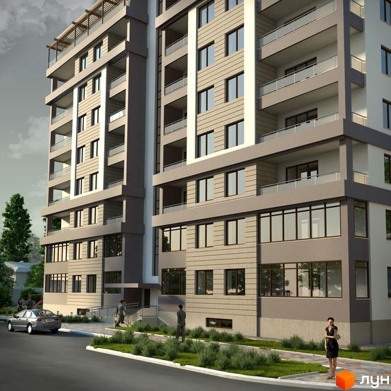 Зовнішній вигляд новобудови ЖК Мирний з балконами та великими вікнами. Прибудинкова територія з доглянутими зеленими насадженнями та дорогою.