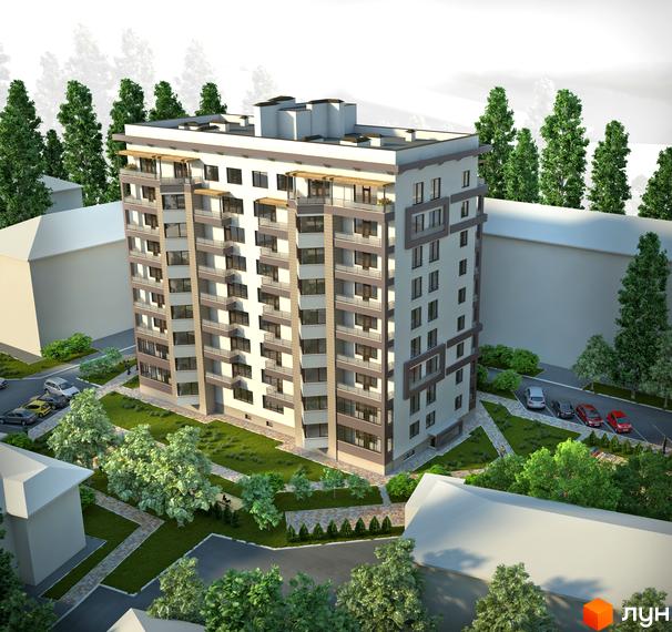 Зовнішній вигляд новобудови ЖК Мирний з балконами та вікнами, зелена прибудинкова територія з деревами та паркуванням.