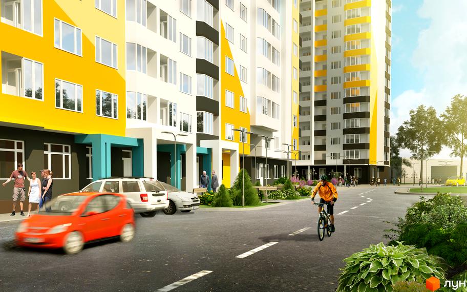 Житловий комплекс НебоSky з яскравими фасадами, прибудинкова територія з велосипедистом та пішоходами.