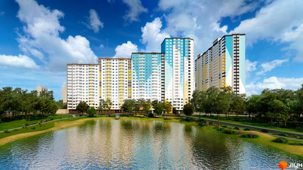 Житловий комплекс НебоSky з сучасними багатоповерхівками і зеленою прибудинковою територією біля водойми.