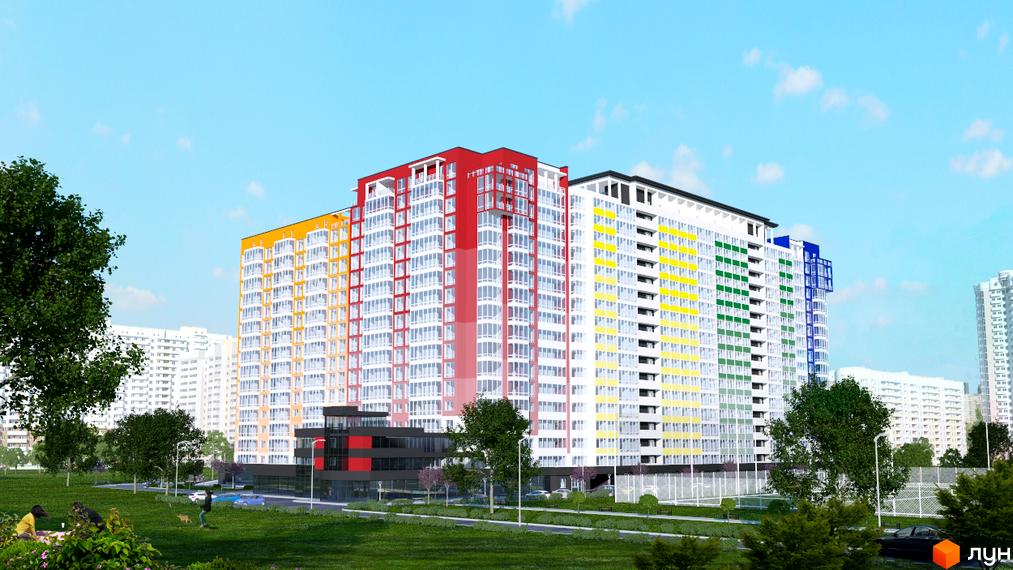 Житловий комплекс Акварель-2: багатоповерхові будинки з яскравими фасадами (оранжевий, червоний, білий, жовтий, зелений, синій). Прибудинкова територія з газоном та деревами.