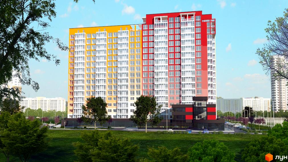 Житловий комплекс Акварель-2. Високоповерховий будинок з різнокольоровими секціями. На прибудинковій території зелена трава та дерева.