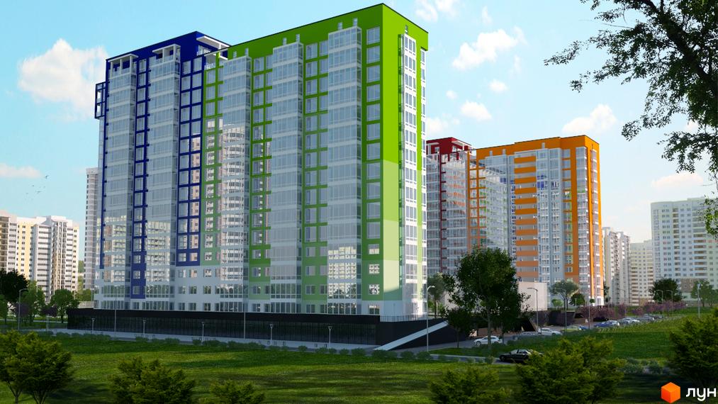 Житловий комплекс Акварель-2: висотні будинки з синіми, зеленими, червоними та помаранчевими фасадами. Перед будинками зелений газон та дерева.