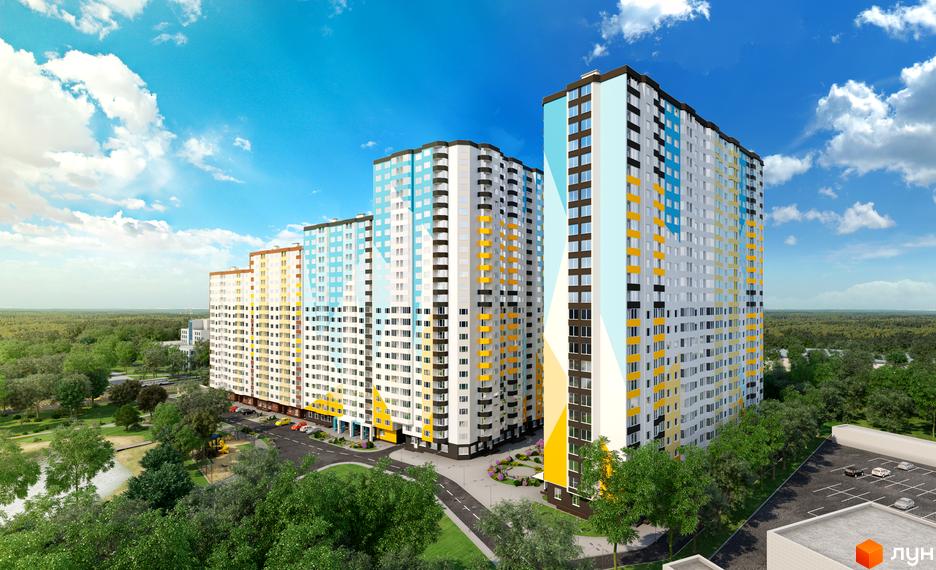 Житловий комплекс НебоSky з яскравими фасадами та прибудинковою територією, озелененою деревами та газонами.