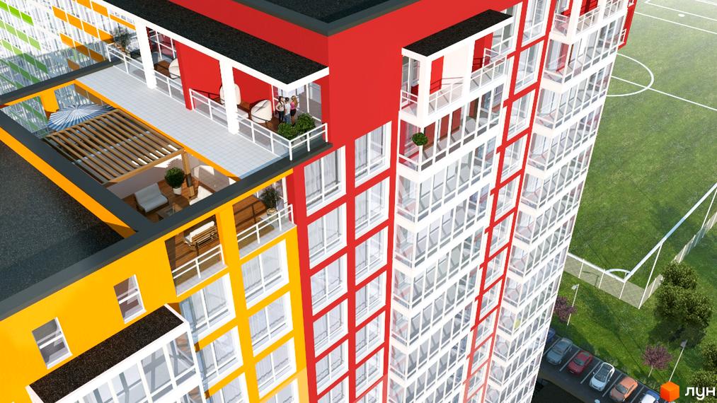 Висотна новобудова ЖК Акварель-2 з панорамними вікнами та балконами. На території комплексу є спортивний майданчик та парковка для автомобілів.