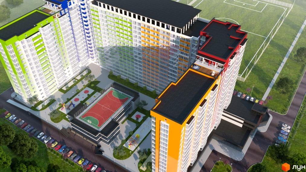 Житловий комплекс Акварель-2 з багатоповерховими будинками та яскравими фасадами. На території є спортивний майданчик, дитячий майданчик та парковка.