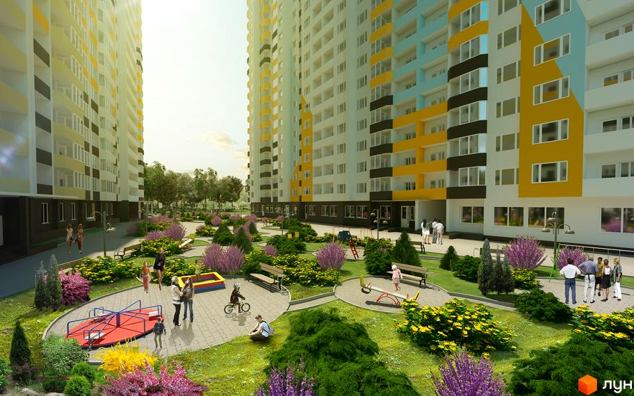 Житловий комплекс НебоSky з сучасними фасадами та прибудинковою територією, озелененою квітами та зонами для відпочинку.