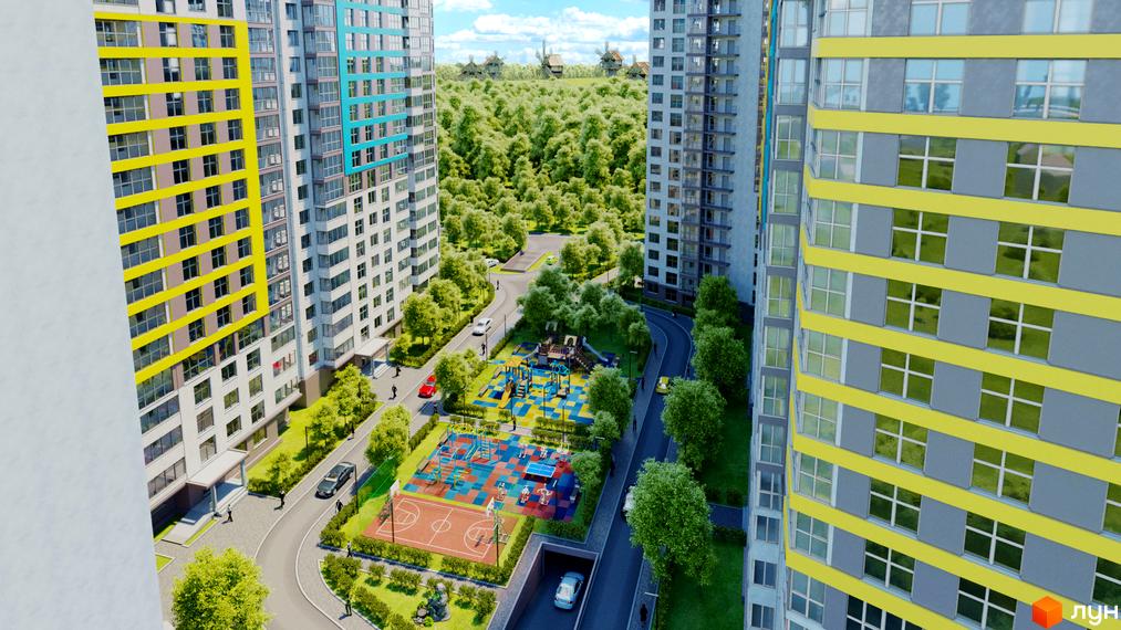 Житловий комплекс Теремки: фасади будівель з жовтими та блакитними елементами, дитячий майданчик, спортивні зони та зелена територія.