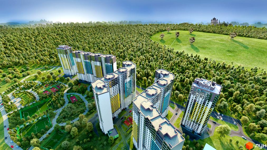 Житловий комплекс Теремки: сучасні багатоповерхові будинки серед зеленого ландшафту з футбольними полями та зонами відпочинку. Навколо комплексу розкинувся густий ліс, що створює мальовничу картину.