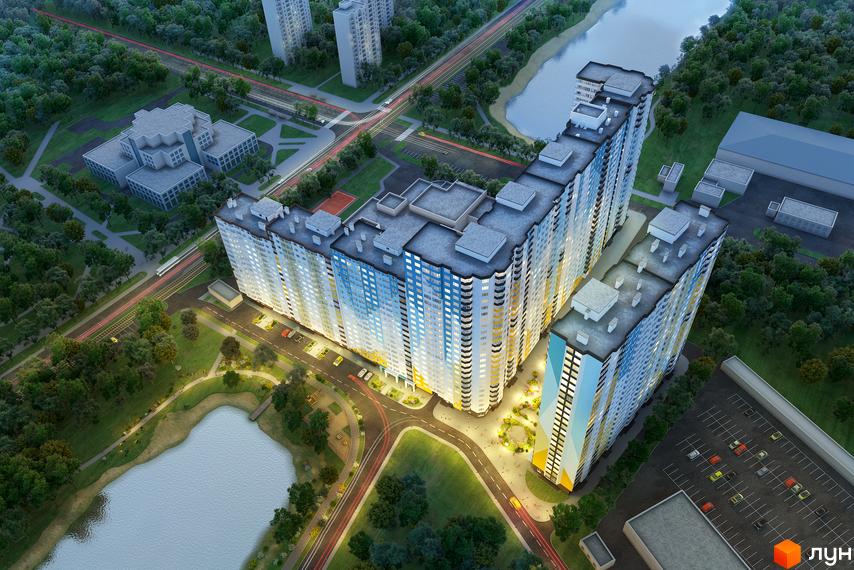 Житловий комплекс НебоSky з сучасною архітектурою та прибудинковою територією, оточений зеленими насадженнями.