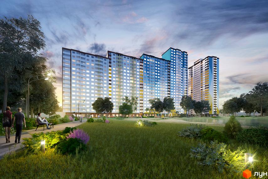 Житловий комплекс НебоSky з сучасними будівлями та озелененою прибудинковою територією. Прогулянкова зона з лавками та освітленням.
