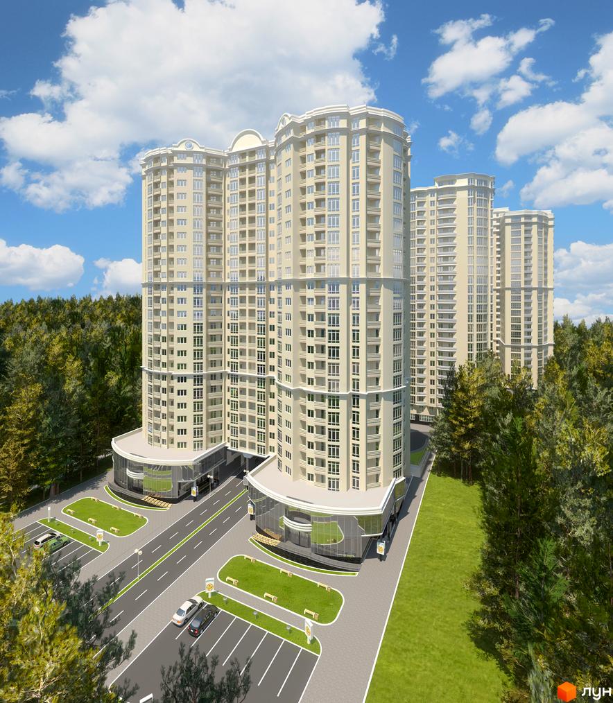 Житловий комплекс Східна Брама з сучасною архітектурою та прибудинковою територією з зеленими насадженнями та паркувальними місцями.