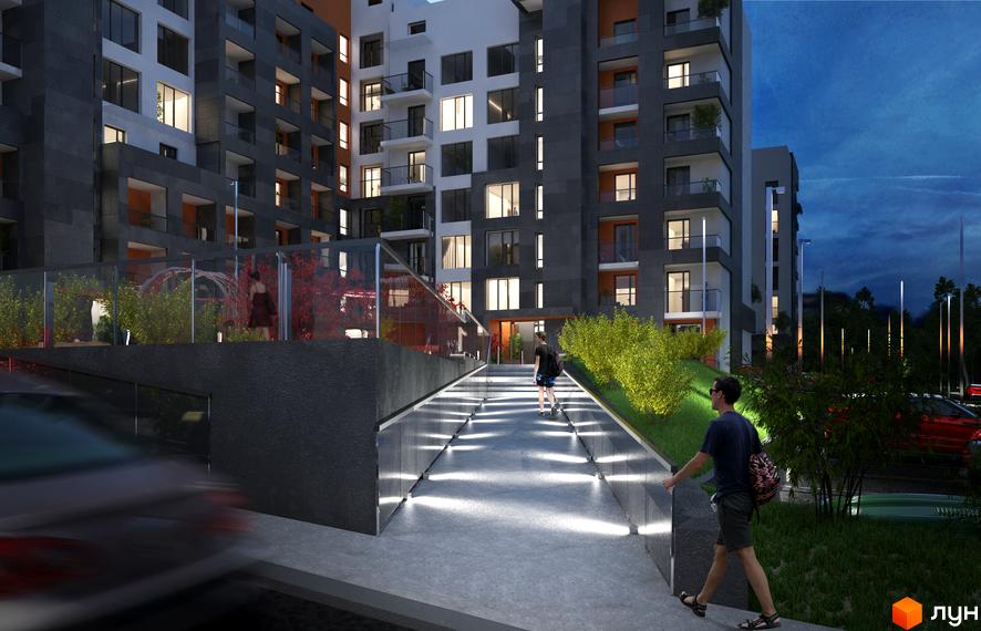 Житловий комплекс Престижний. Багатоповерховий будинок з темним фасадом та великими вікнами. На території є підсвічена алея та зелені насадження.