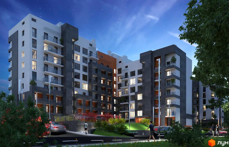 Житловий комплекс Престижний. Багатоквартирний будинок з балконами та великими вікнами. На території є зелені насадження, освітлення та парковка.