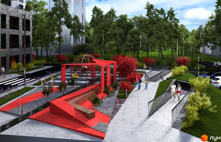 Зображення житлового комплексу з дитячим майданчиком та зеленими насадженнями. На території комплексу є доріжки для прогулянок та зони відпочинку.