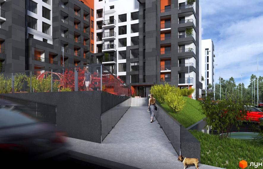 Житловий комплекс Престижний. Зовнішній вигляд багатоповерхового будинку з сірими фасадами. На території є зелені насадження та пішохідна зона.