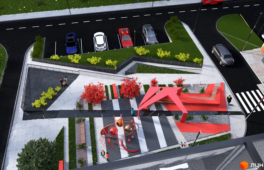 Прибудинкова територія Житлового комплексу Престижний з дитячим майданчиком, зонами відпочинку та парковкою.