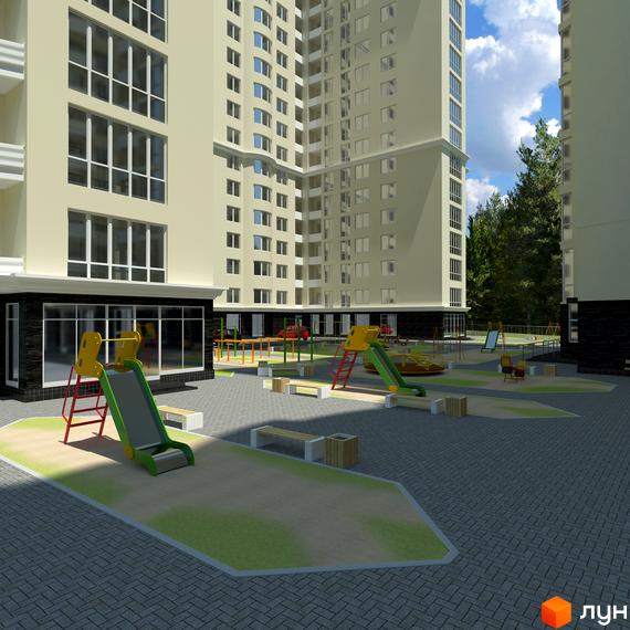 Житловий комплекс Східна Брама з сучасними багатоповерхівками та дитячими майданчиками на прибудинковій території.