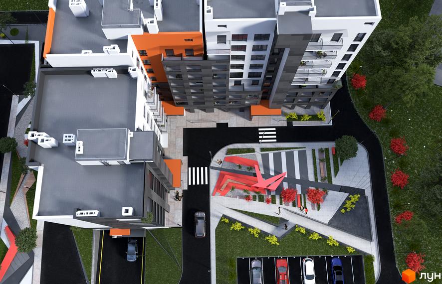 Вид зверху на будівлі ЖК Престижний. На зображенні видно житлові будинки, прибудинкову територію з парковкою, пішохідними доріжками та декоративними елементами.