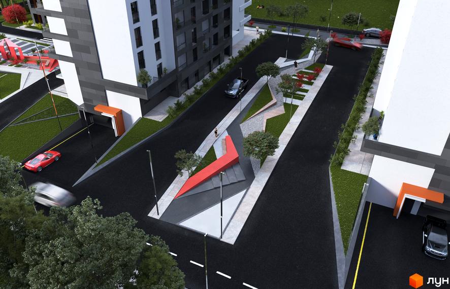 Зображення ЖК Престижний. Високоповерховий будинок з білими та сірими фасадами. На прибудинковій території розташовані зелені зони, доріжки та сучасні архітектурні елементи.