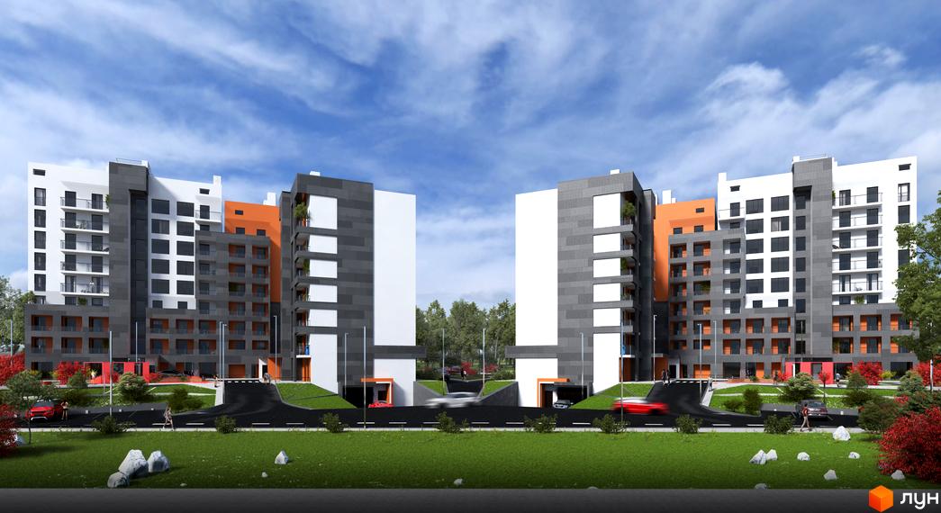 Зображення житлового комплексу Престижний. Багатоповерхові будинки з балконами та паркінгом. На території комплексу зелені насадження та доріжки.