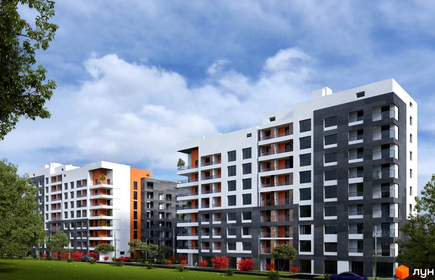 Житловий комплекс Престижний: багатоповерхові будинки з білими, темно-сірими та помаранчевими фасадами, оточені зеленими газонами та деревами.
