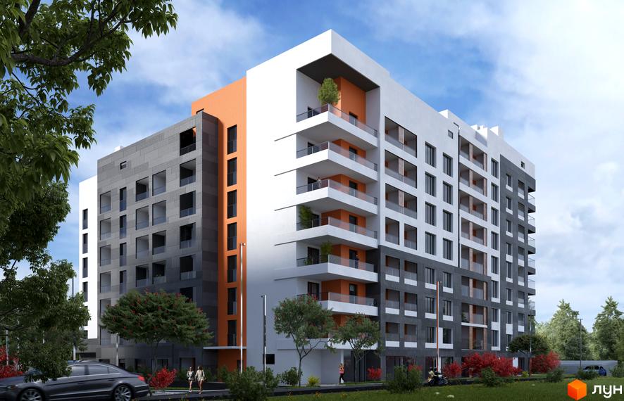 Зображення житлового комплексу Престижний. Висотна будівля з білими, сірими та помаранчевими фасадами. На прибудинковій території зелені насадження та парковка.