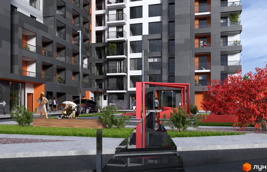 Житловий комплекс Престижний з багатоповерховими будинками у сіро-білих тонах з помаранчевими акцентами. Прибудинкова територія з зеленими зонами та червоними елементами.