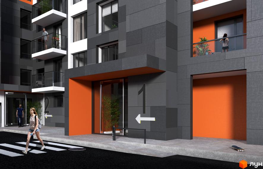 Фасад Житлового комплексу Престижний у темно-сірих тонах з помаранчевими акцентами та балконами. На передньому плані пішохідний перехід.