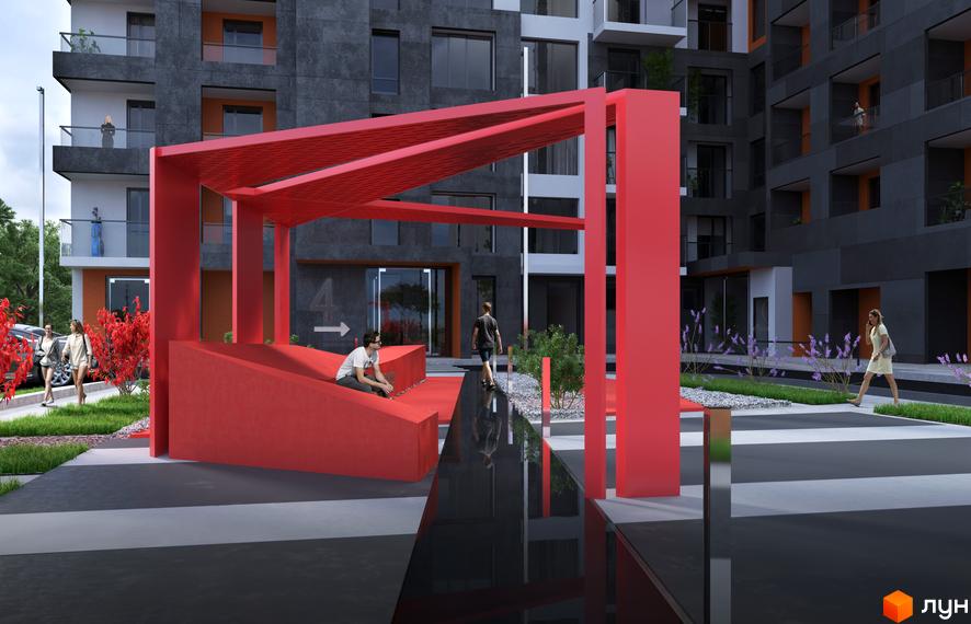 Зовнішній вигляд будівлі ЖК Престижний з червоними архітектурними елементами. На території комплексу є ландшафтний дизайн, пішохідні доріжки та зони відпочинку.