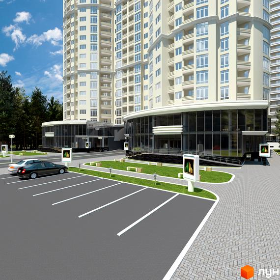 Вигляд житлового комплексу Східна Брама з парковкою та прибудинковою територією. Будинок має сучасний фасад з великими вікнами.