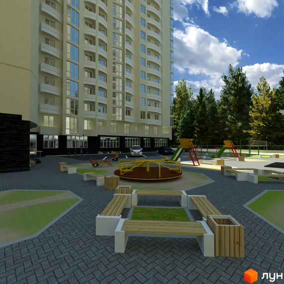 Зовнішній вигляд житлового комплексу Східна Брама з прибудинковою територією, дитячими майданчиками та зеленою зоною.