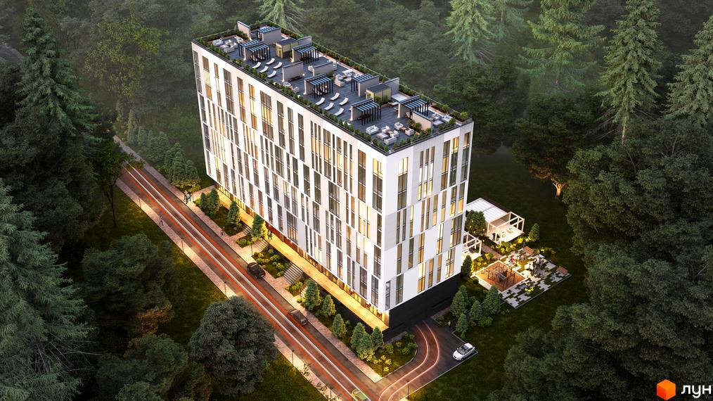 Новобудова ЖК OBRIY серед лісу. Будинок має білий фасад з вертикальними вікнами, на даху облаштовані зони відпочинку. На прибудинковій території розташовані дитячий майданчик та альтанки.