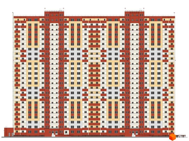 Фасад житлового комплексу Еврика: багатоповерхова новобудова з симетричним дизайном, вікнами та балконами у червоних, бежевих та сірих кольорах.
