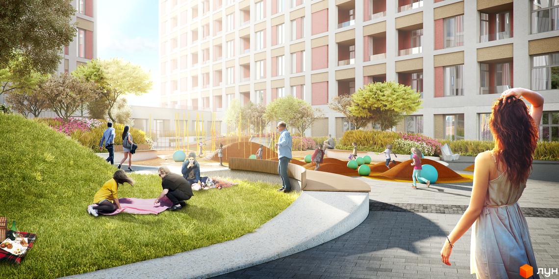 Житловий комплекс San Francisco Creative House з дитячим майданчиком та зонами відпочинку. Сучасна архітектура та зелена територія для комфортного життя.