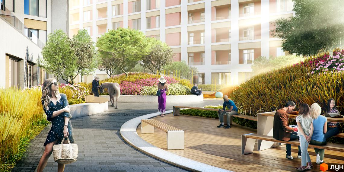 Житловий комплекс San Francisco Creative House з зоною відпочинку та людьми, що проводять час на свіжому повітрі. Сучасна архітектура та зелена територія комплексу.