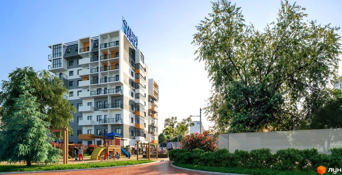 Житловий комплекс Gaudi Hall з сучасною архітектурою та балконами. Поруч дитячий майданчик та зелені насадження.